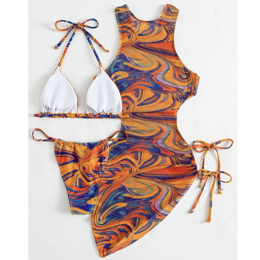 3 Piece Print String Bikini Bathing w/ Mesh Cover Up