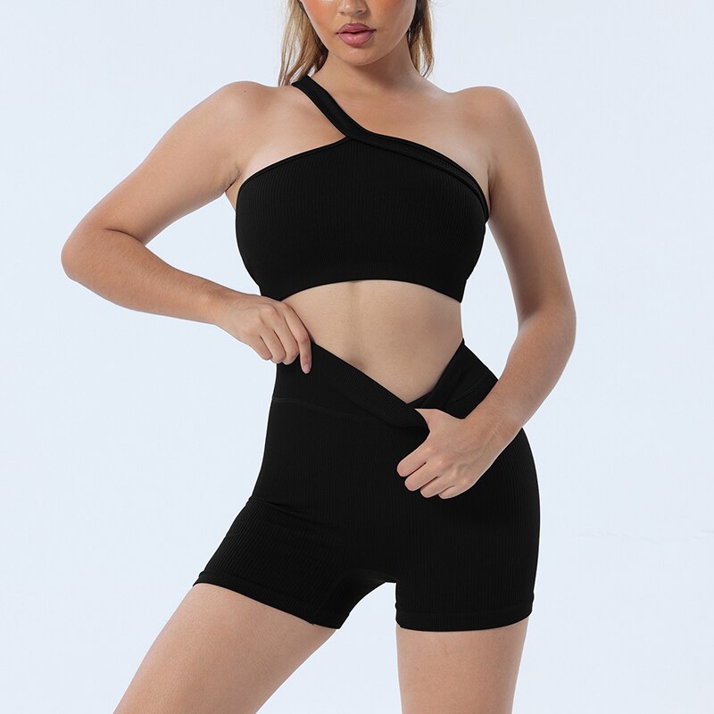 2 Piece Seamless One Shoulder Sport Bra High Waist Shorts
