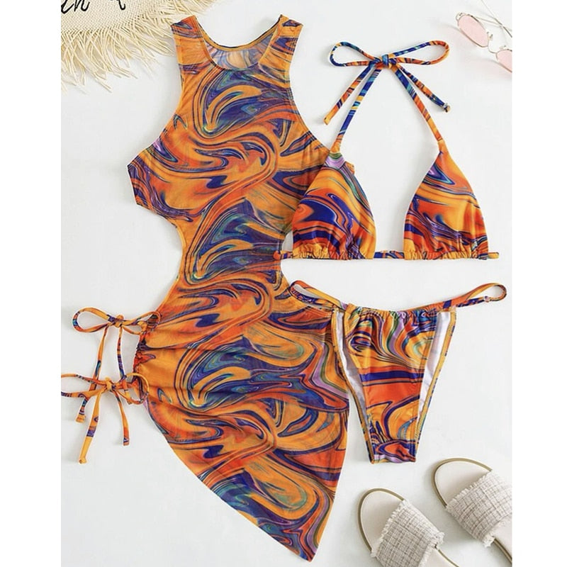 3 Piece Print String Bikini Bathing w/ Mesh Cover Up