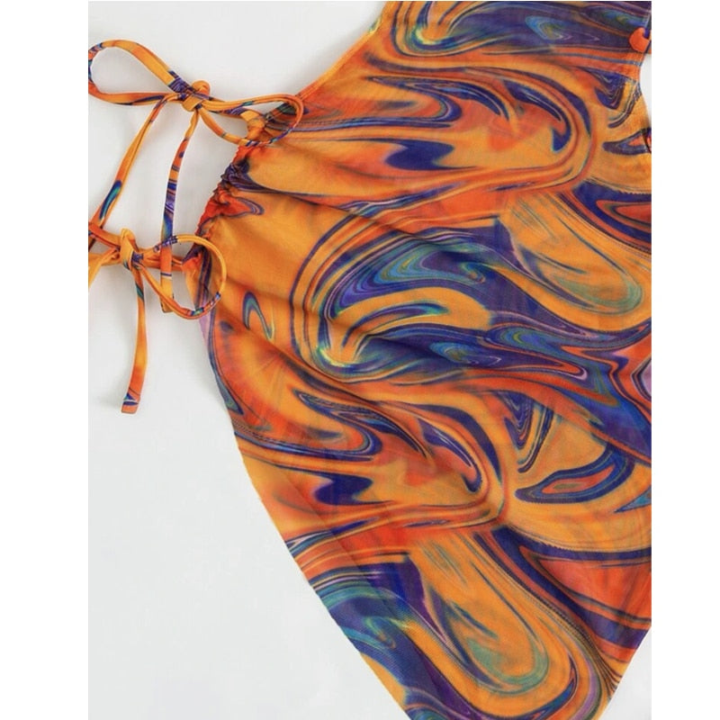 3 Piece Print String Bikini Bathing w/ Mesh Cover Up
