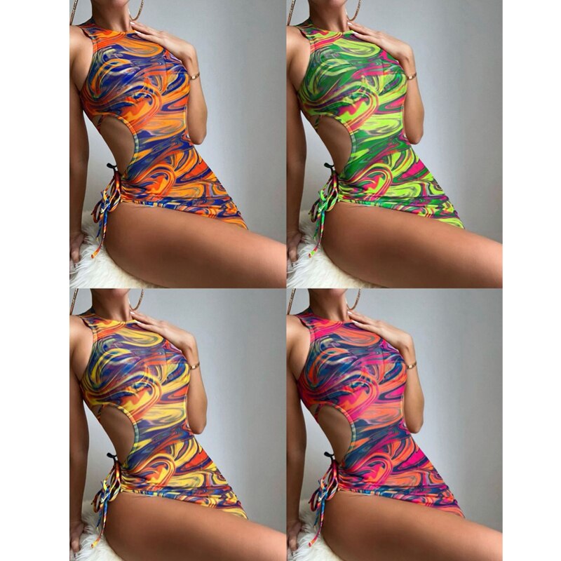 3 Piece Print String Bikini Bathing w/ Mesh Cover Up