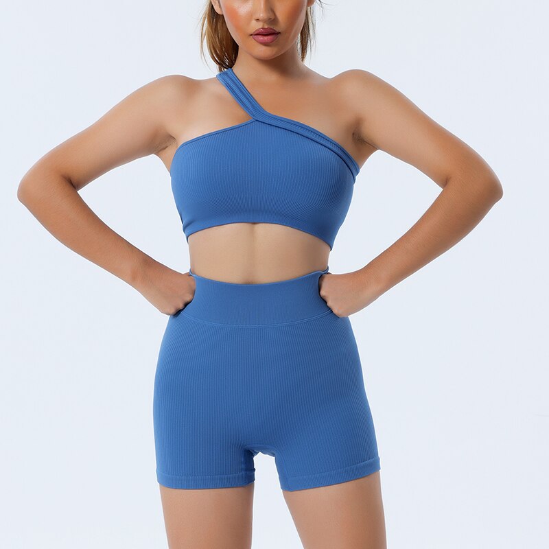 2 Piece Seamless One Shoulder Sport Bra High Waist Shorts