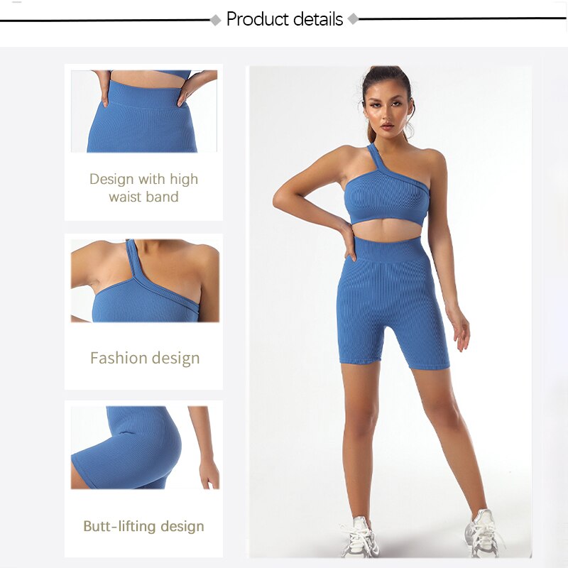 2 Piece Seamless One Shoulder Sport Bra High Waist Shorts