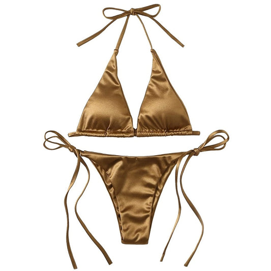 Metallic Halter Top Bikini Set