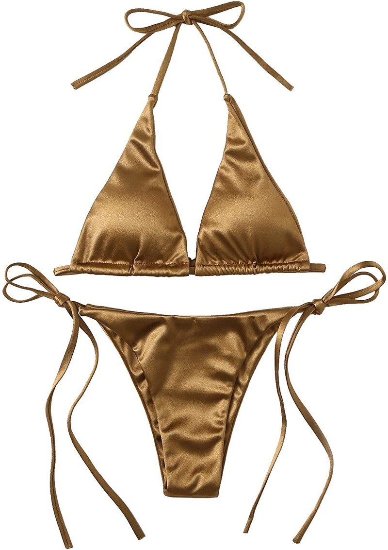 Metallic Halter Top Bikini Set